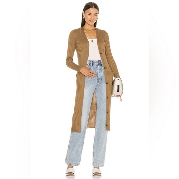 ATM Anthony Thomas Melillo Silk Wide Rib Long Cardigan Sweater Tan Small - Picture 2 of 9